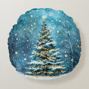 Stille Nacht, hell leuchtender Weihnachtsbaum im W Rundes Kissen
