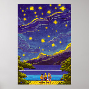 Stille Nacht Himmel, Sterne, Retromalerei am See Poster