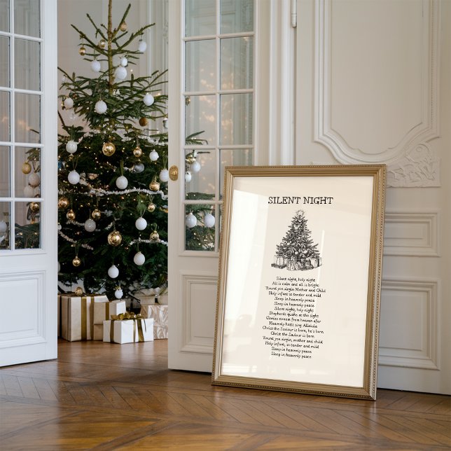 Stille Nacht Hymne Texte Wall Print Poster (A framed Christian hymn print titled “Silent night” with the whole hymn lyrics in bold black letters)