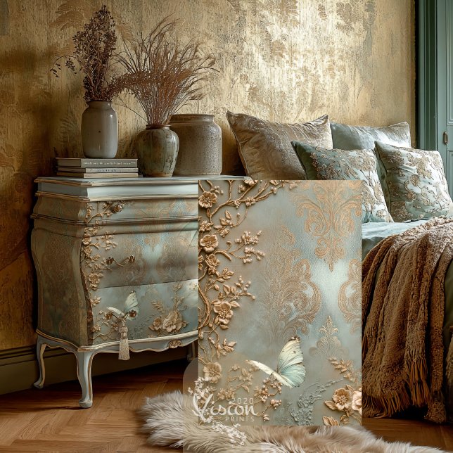 Stille Sehnsucht Barock Butterfly Blumenrinde Seidenpapier (Vintage Baroque Butterfly, & Gold Floral Vines, Mint Sage Green, Damask Decoupage Tissue Paper.)