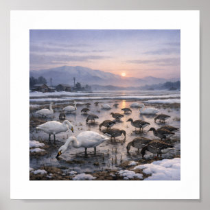 Stille Wasser – Schwäne und Gänse auf einem Winter Poster