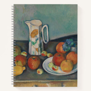 Stilleben, Milchkännchen und Obst auf einem Tisch, Notizbuch