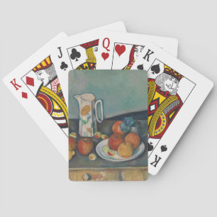 Stilleben, Milchkännchen und Obst auf einem Tisch, Spielkarten