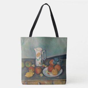 Stilleben, Milchkännchen und Obst auf einem Tisch, Tasche