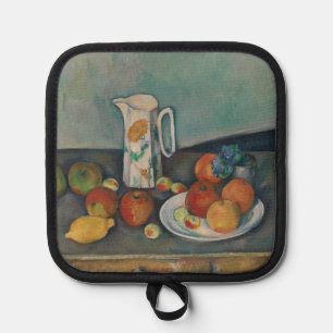 Stilleben, Milchkännchen und Obst auf einem Tisch, Topflappen