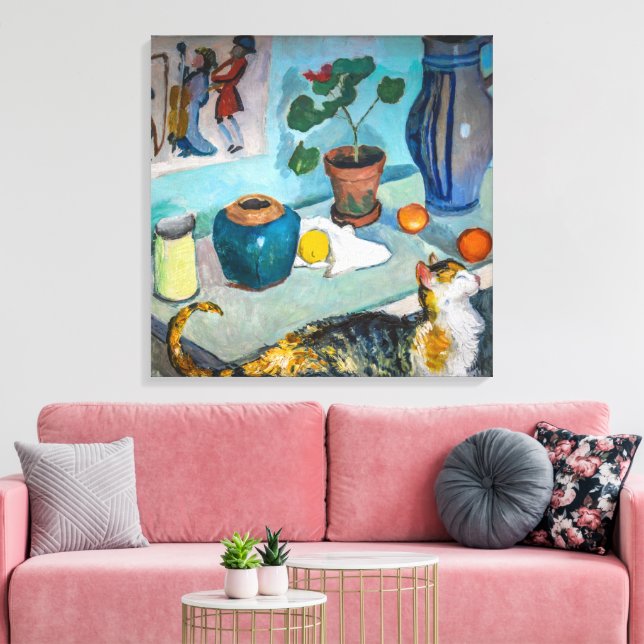 Stilleben mit Katze | Auguste Macke | Leinwanddruck (Insitu (Wohnzimmer))
