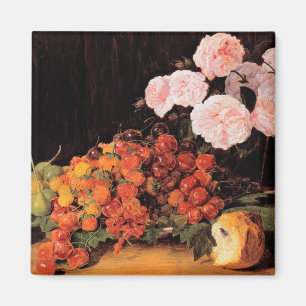 Stilleben mit Rosen, Erdbeeren und Brot Magnet