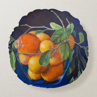 Stilleben mit Zitronen und Orangenbaumzweig Rundes Kissen