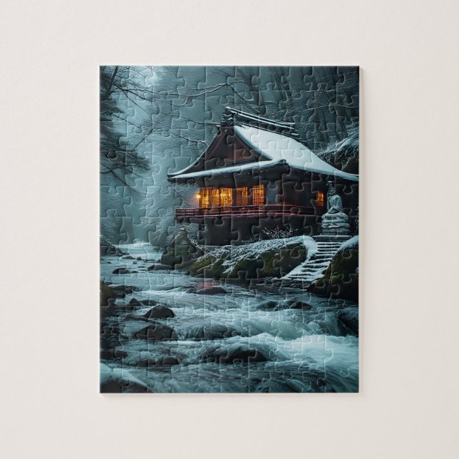 Stiller Winter: Stiller Tempel am Winterfluss (Vertikal)