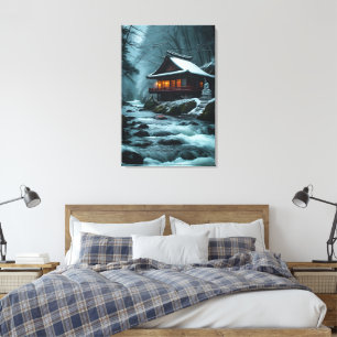 Stiller Winter: Stiller Tempel am Winterfluss Leinwanddruck
