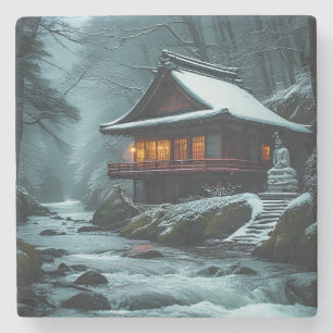 Stiller Winter: Stiller Tempel am Winterfluss Steinuntersetzer