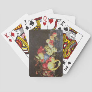 Stilles Leben mit Früchten in Delft Bowl, einschli Spielkarten