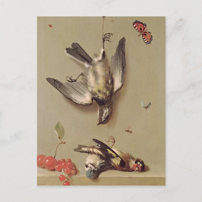 Stilles Leben toter Vögel und Kirschen, 1712 Postkarte (Vorderseite)