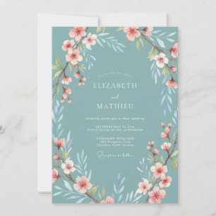 Stilles Teal Zarte Kirschblüten-Hochzeit Einladung