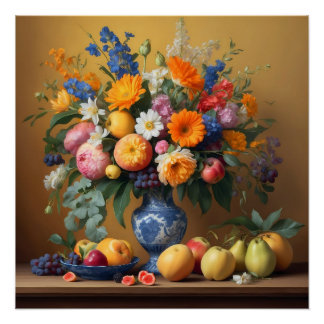 Stilleven met Bloemen in Delftbaluwe vaas en Fruit Poster