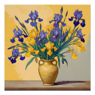 Stilleven met Gele en Blauwe Irissen in een Gouden Poster