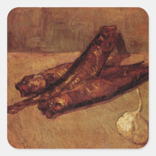 Stillleben Bloaters und Knoblauch von Vincent van  Quadratischer Aufkleber