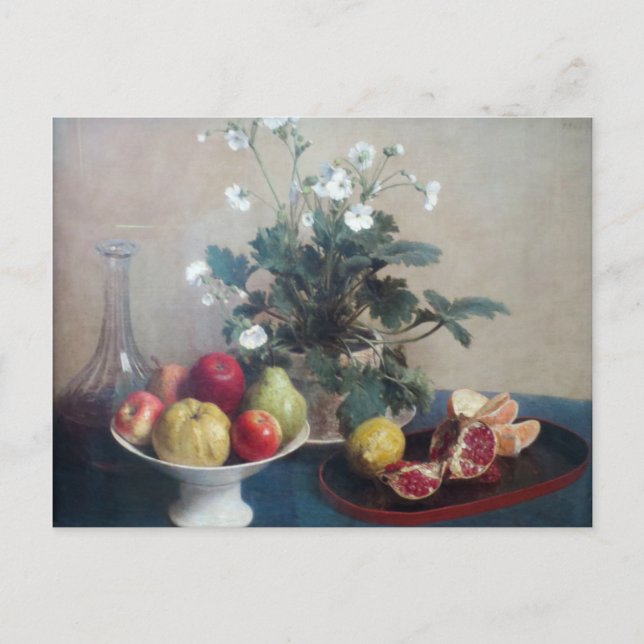Stillleben Blume Gericht Obst und Karaffe Postkarte (Vorderseite)