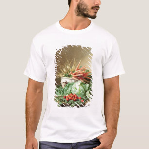 Stillleben der Erdbeeren, der Karotten und des T-Shirt