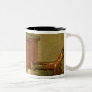 Stillleben der Kochgeräte, großer Kessel Zweifarbige Tasse