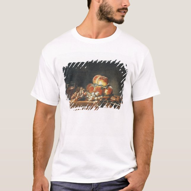 Stillleben der Pfirsiche, Nüsse, Trauben T-Shirt (Vorderseite)