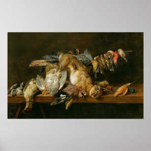 Stillleben der toten Vögel und des Hasen auf eine Poster