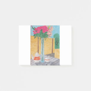Stillleben. Die Vase mit Blume, eine Teekanne und  Post-it Klebezettel