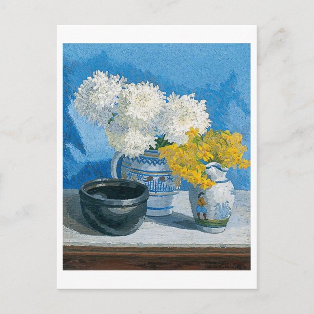 Stillleben Malerei mit weißen und gelben Blumen Postkarte (Vorderseite)