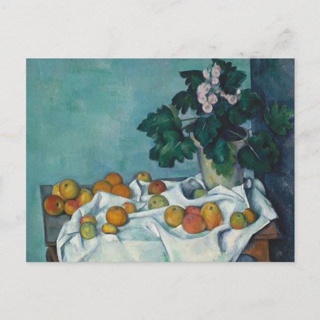 Stillleben mit Äpfeln und einem Pot von Primrosen: Postkarte (Vorderseite)