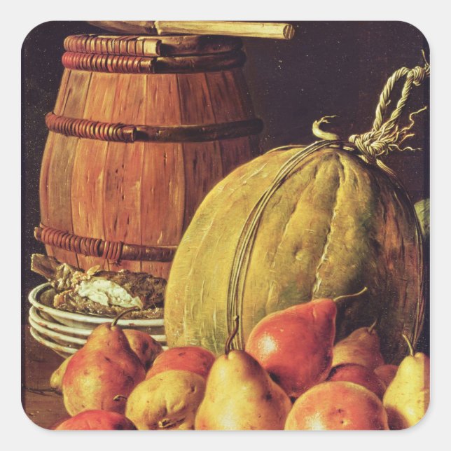 Stillleben mit Birnen, Melone und Fass Quadratischer Aufkleber (Vorderseite)