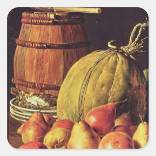Stillleben mit Birnen, Melone und Fass Quadratischer Aufkleber