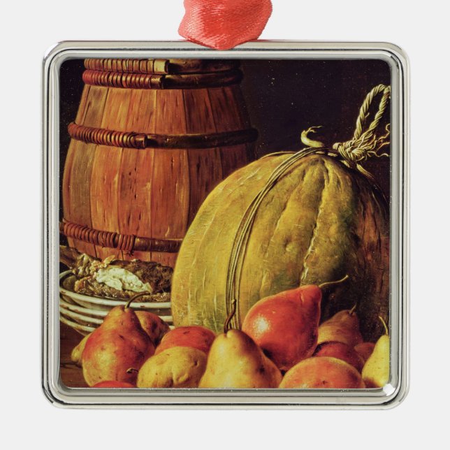 Stillleben mit Birnen, Melone und Fass Silbernes Ornament (Vorne)