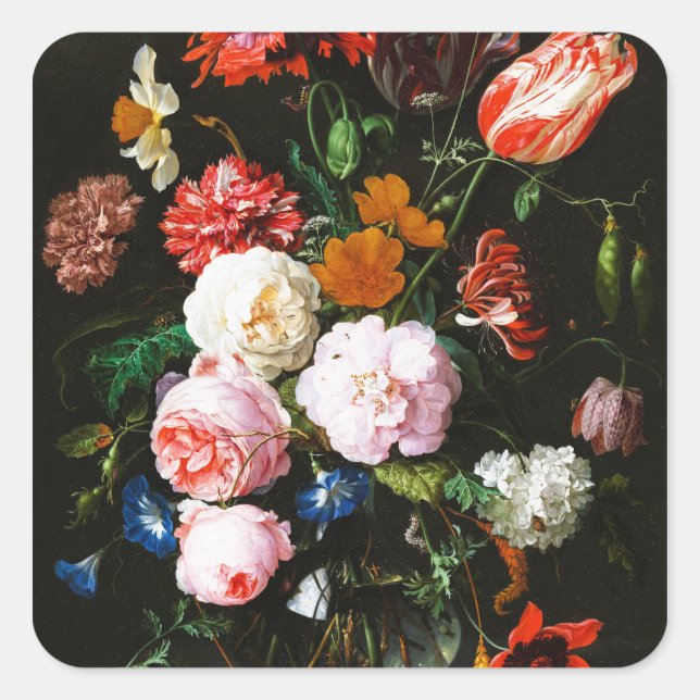 Stillleben mit Blume in einem Glass Vase Classic Quadratischer Aufkleber (Vorderseite)