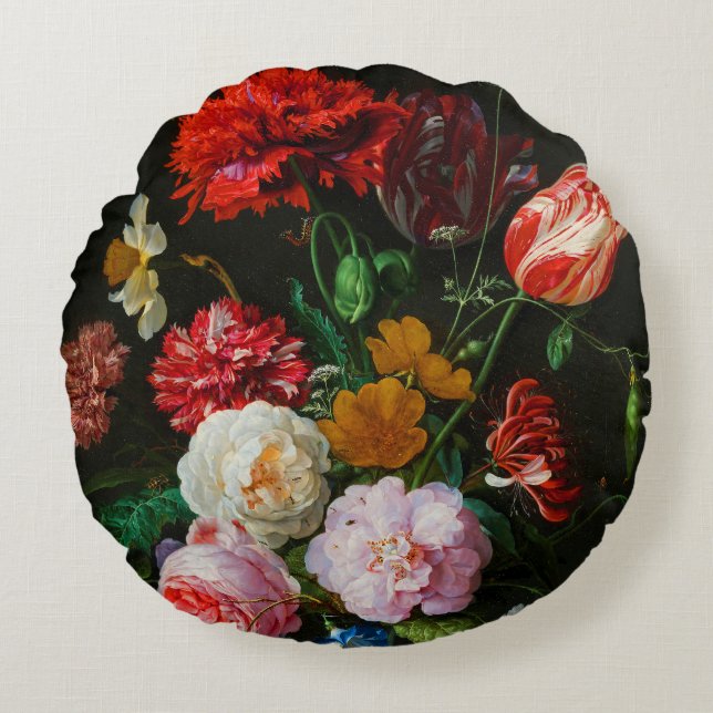Stillleben mit Blume in einer Glasvase Rundes Kissen (Vorderseite)