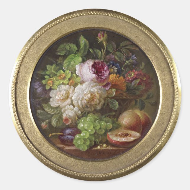 Stillleben mit Blume und Früchten, schöne Kunst, Runder Aufkleber (Vorderseite)