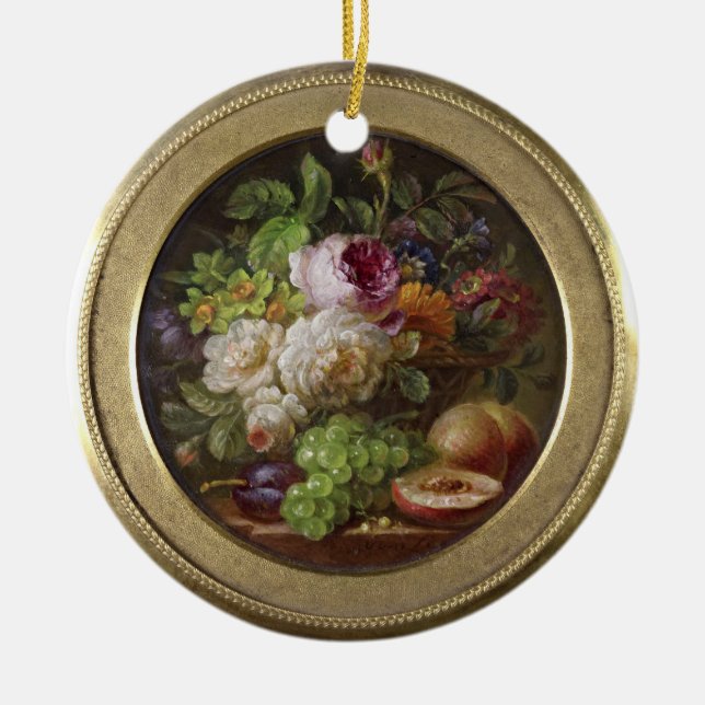 Stillleben mit Blume und Obst Keramik Ornament (Vorne)