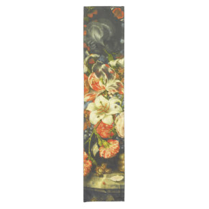 Stillleben mit Blume und Obst Kurzer Tischläufer