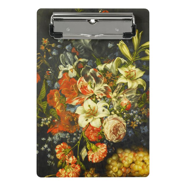 Stillleben mit Blume und Obst Mini Klemmbrett (Vorderseite)