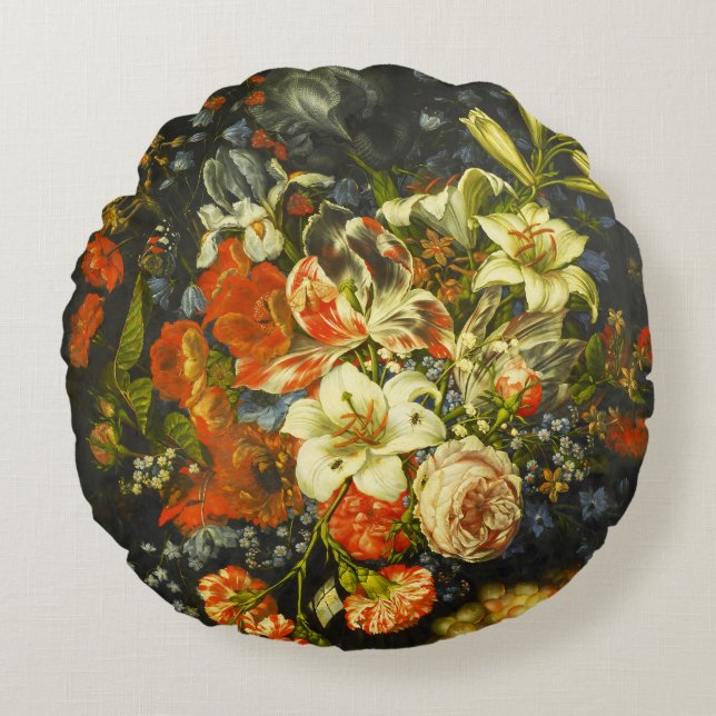 Stillleben mit Blume und Obst Rundes Kissen (Vorderseite)