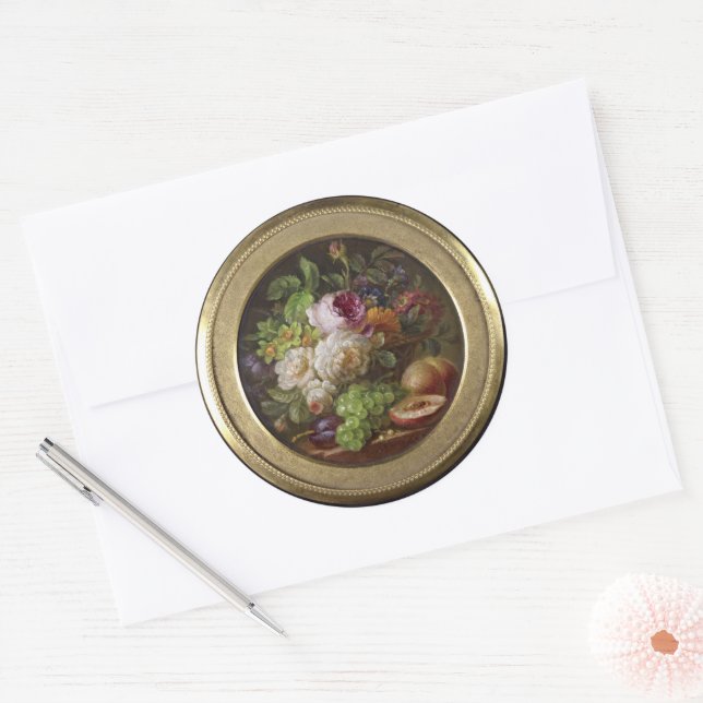 Stillleben mit Blume und Obst, schöne Kunst, Klass Runder Aufkleber (Umschlag)