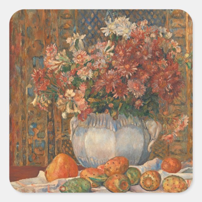 Stillleben mit Blume und Prickly Birnen, Renoir Quadratischer Aufkleber (Vorderseite)