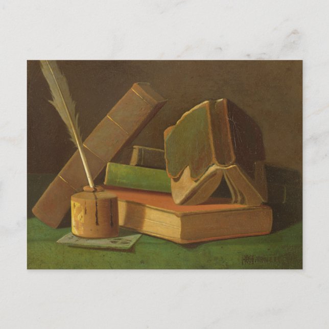 Stillleben mit Büchern und Tintenbrunnen Postkarte (Vorderseite)
