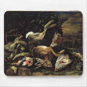 Stillleben mit einem Hasen, Lied-Vögeln und einem Mousepad
