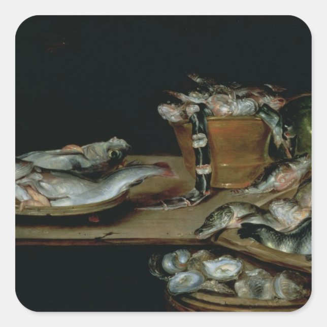 Stillleben mit Fisch Quadratischer Aufkleber (Vorderseite)