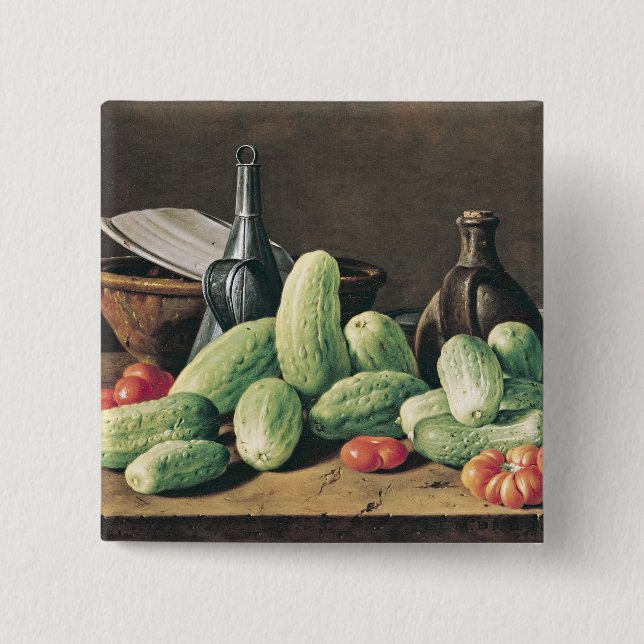 Stillleben mit Gurken und Tomaten Button (Vorderseite)