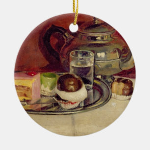 Stillleben mit Kuchen und einer Silber-Teekanne Keramikornament