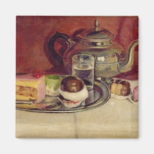 Stillleben mit Kuchen und einer Silber-Teekanne Magnet