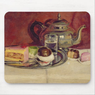 Stillleben mit Kuchen und einer Silber-Teekanne Mousepad