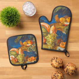 Stillleben mit Melonen, Trauben, Pfirsichen und Ki Ofenhandschuh & Topflappen-Set