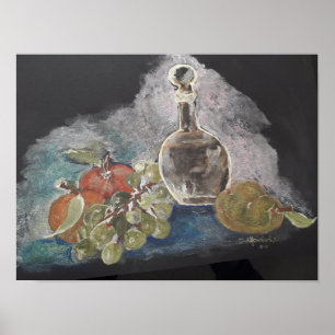 Stillleben mit Obst und Glasflasche Poster